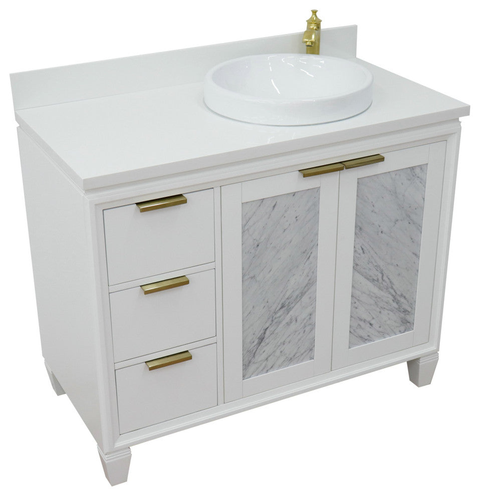 43" Single Vanity, White Finish With White Engineered Stone Top