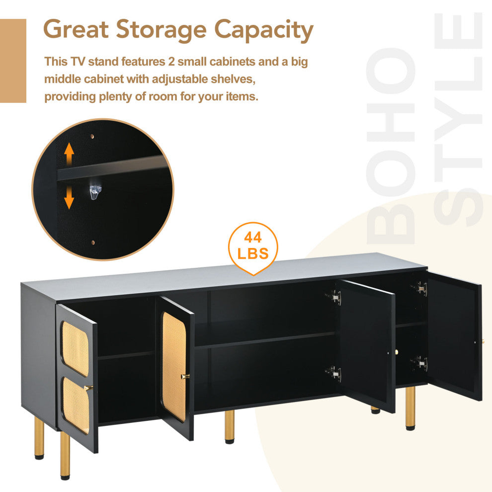 Gewnee  TV Stand with Rattan Door, Black