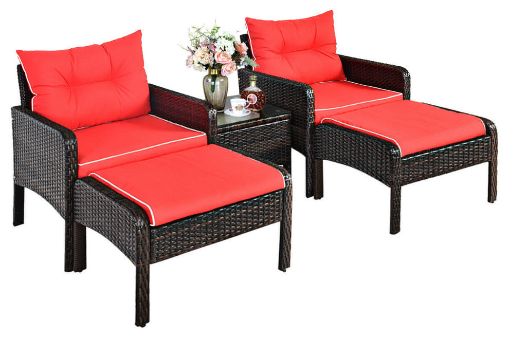 Costway 5 PCS Patio Rattan Wicker Furniture Set Sofa Ottoman W/Red Cushion Yard