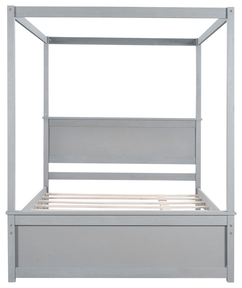 Full Wood Frame Canopy Platform bed with Trundle Bed, Grey, Full