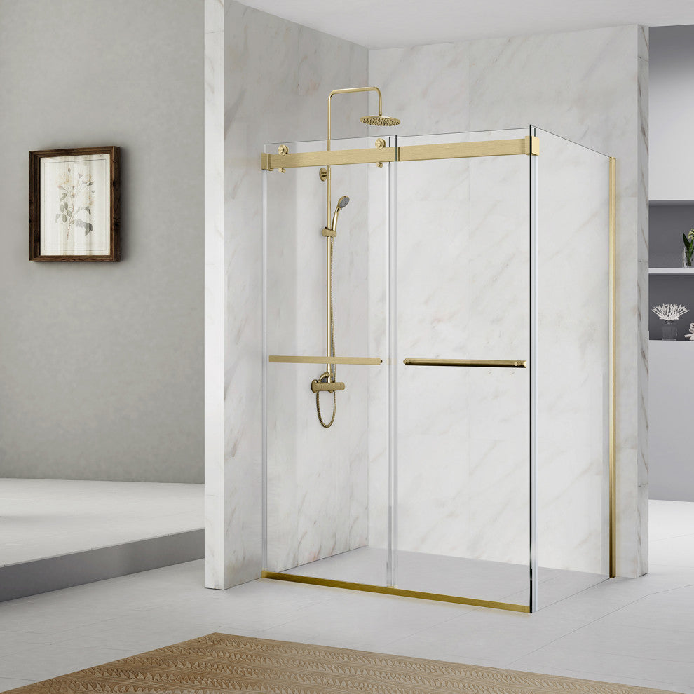 Spezia 60" W x 76" H Sliding Frameless Shower Enclosure, Brushed Gold, 60" W X 76" H