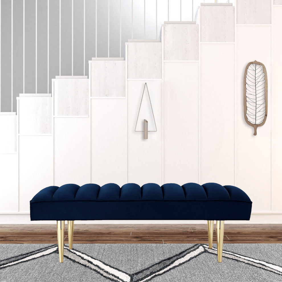 53" Navy Blue And Gold Upholstered Velvet Bench