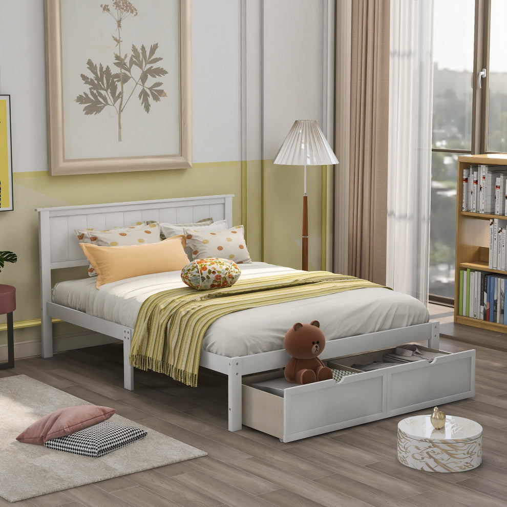 Gewnee Full Size Platform Bed with Under-bed Drawers, White