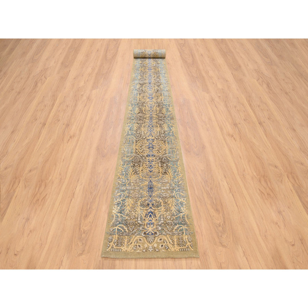 Tan/Brown, Sarouk, Silk With Wool Hand Knotted XL Runner Rug, 2'6"x24'1"