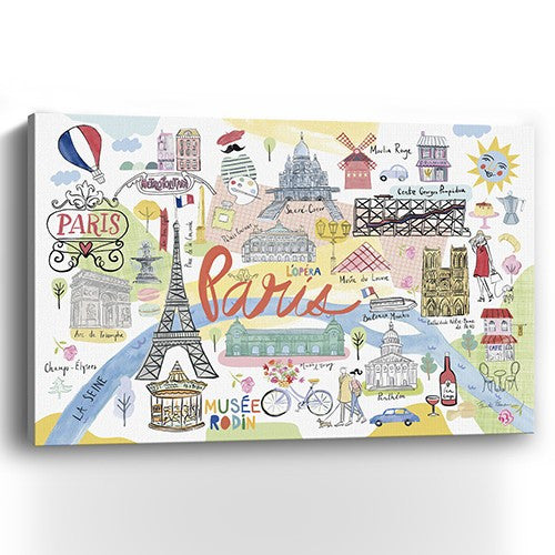48" Fun Illustrated Paris Map Canvas Wall Art