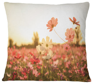 Cosmos Flowers On Sunset Background Floral Throw Pillow, 16"x16"