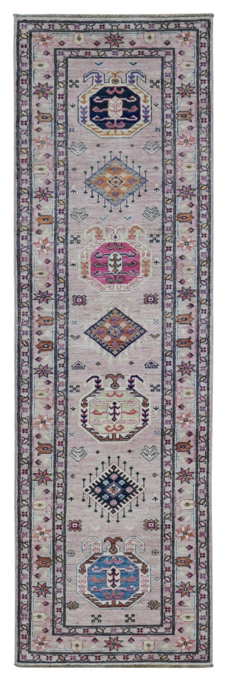 Pastel Pink Hand Knotted Afghan Super Kazak Pure Wool Runner Rug, 2'8"x8'10"