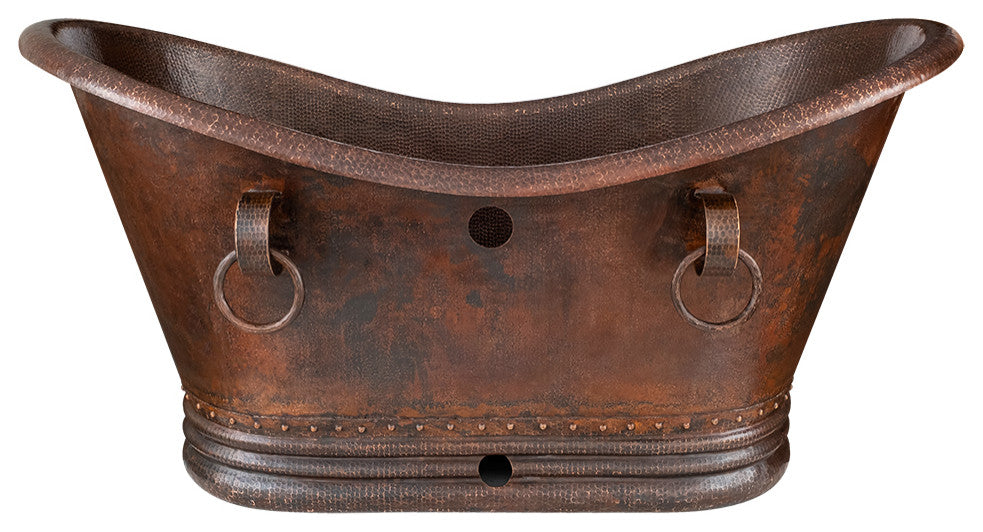 60" Hammered Copper Double Slipper Bathtub With Rings and Overflow Holes