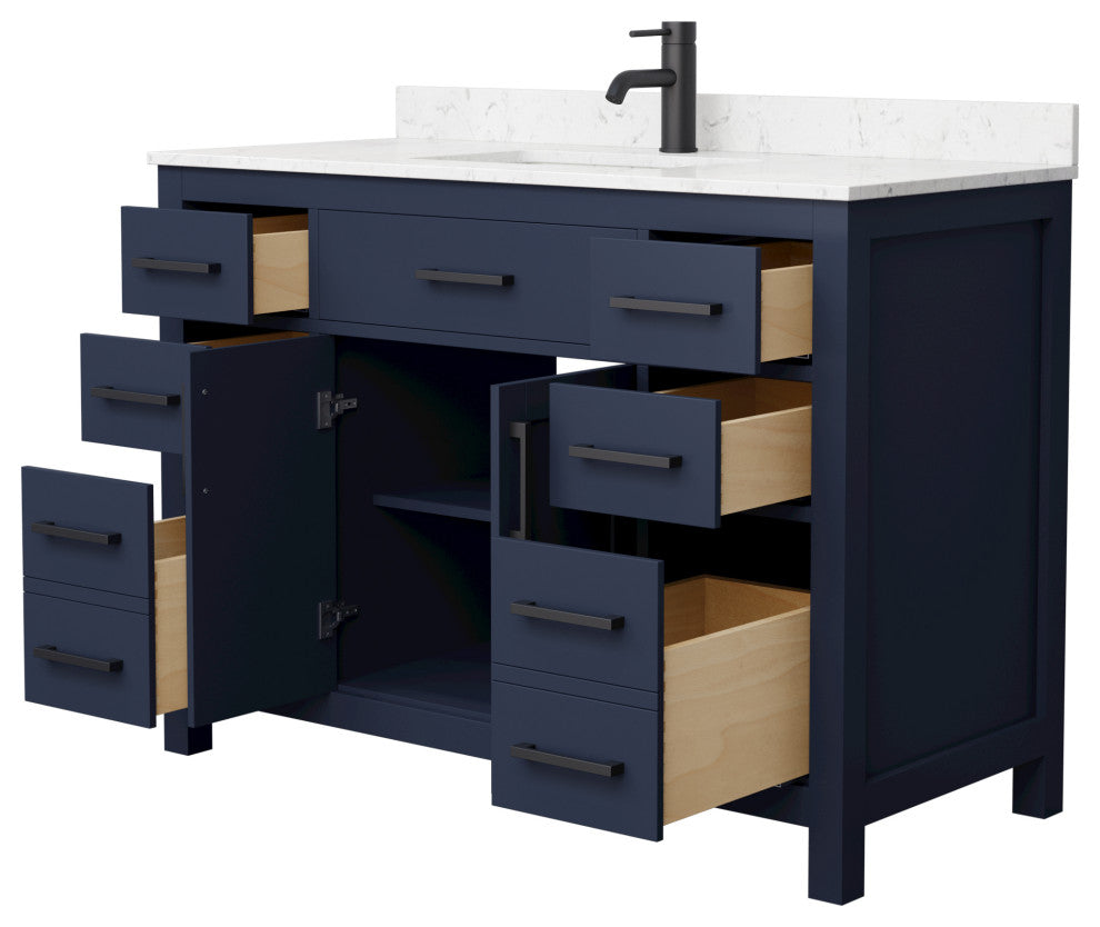 Beckett 48" Dark Blue Single Vanity, Carrara Cultured Marble Top, Black Trim