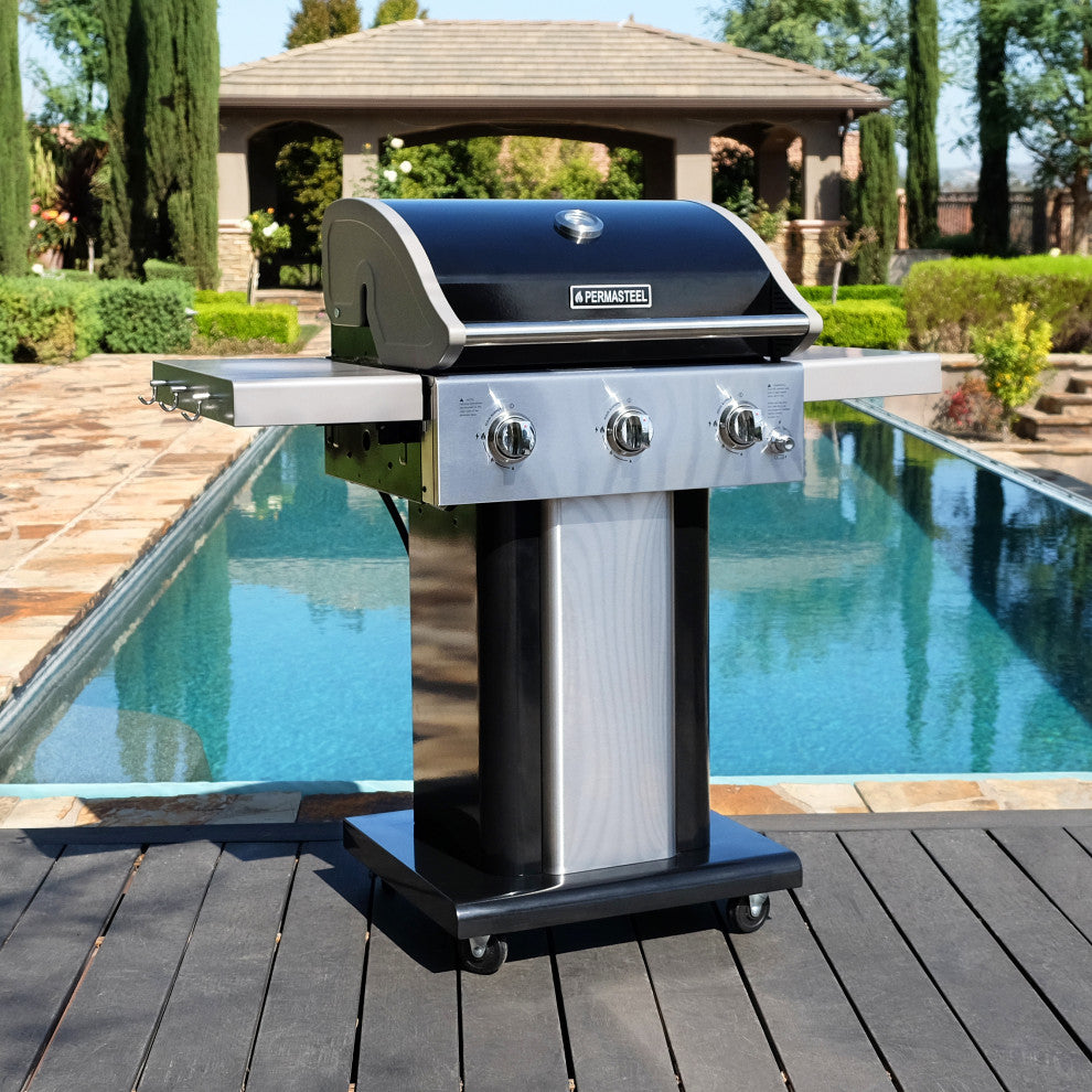 Permasteel 3 Burner Propane Gas Grill with Folding Side Shelves, Black