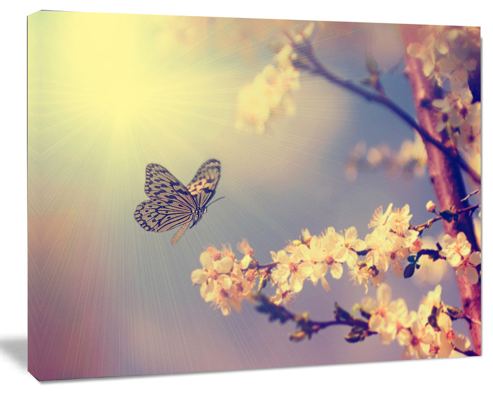 Vintage Butterfly and Cherry Tree, Large Floral Canvas Art Print, 60"x28"