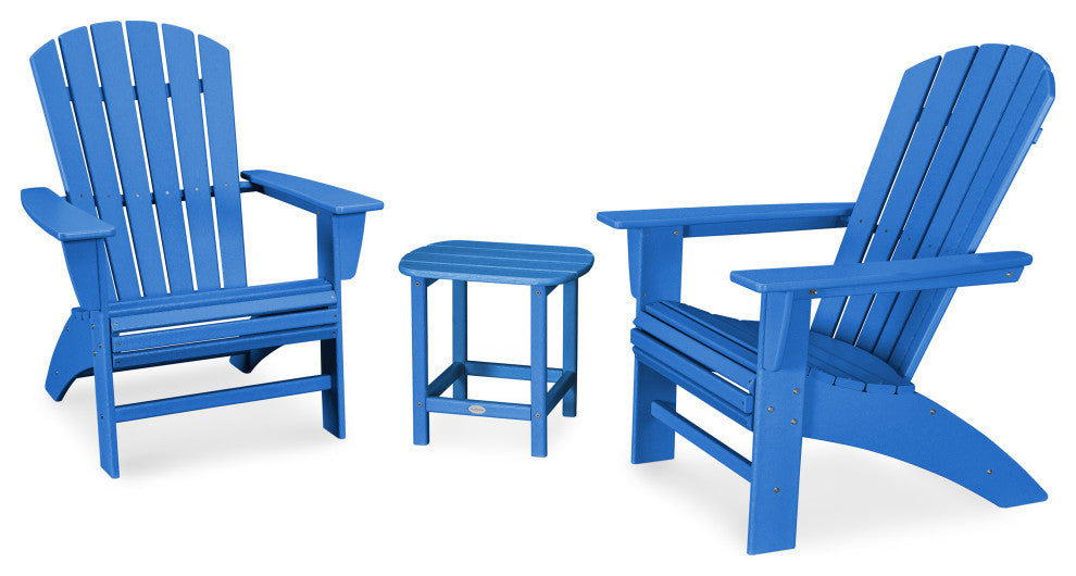POLYWOOD Nautical 3-Piece Curveback Adirondack Set, Pacific Blue
