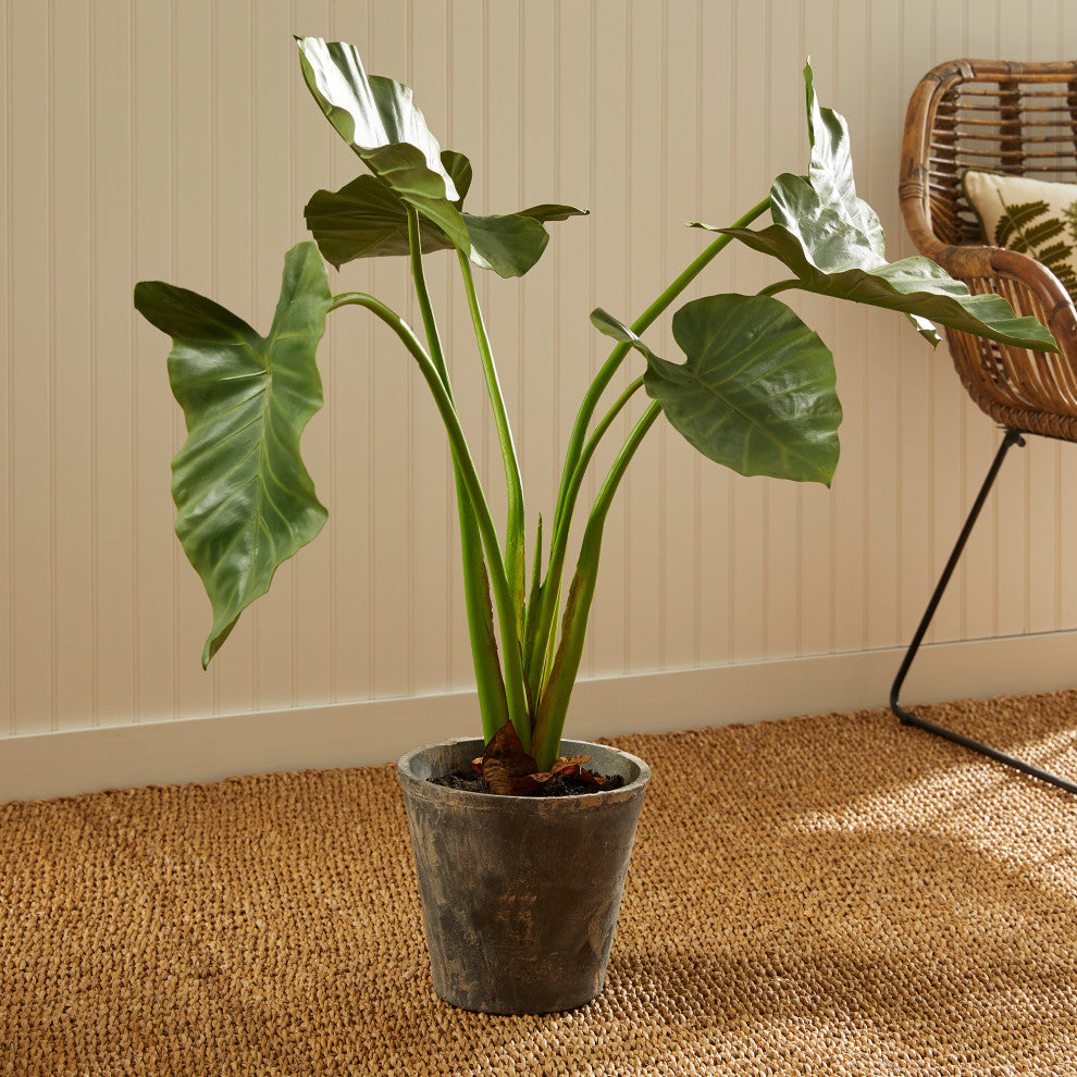 Large Elephant's Ear Green Leaf Faux Floral Plant Big Leaves 42 in Rustic Pot