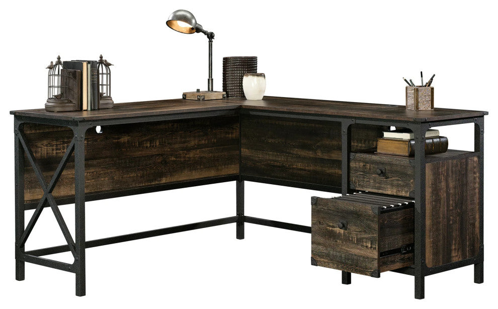 Farmhouse Desk, L-Shaped Design With Metal Base & Lower Drawers, Carbon Oak
