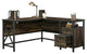 Farmhouse Desk, L-Shaped Design With Metal Base & Lower Drawers, Carbon Oak