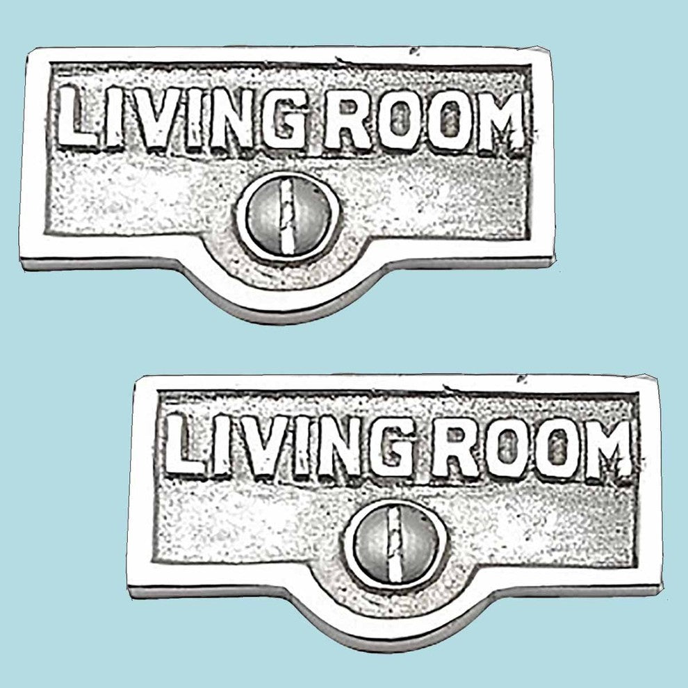 2 Switch Plate Tags LIVING ROOM Name Sign Labels Chrome Brass |