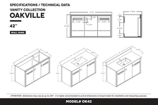 Oakville Wall Mount Bathroom Vanity, White Matte, 42", Satin Brass Hardware
