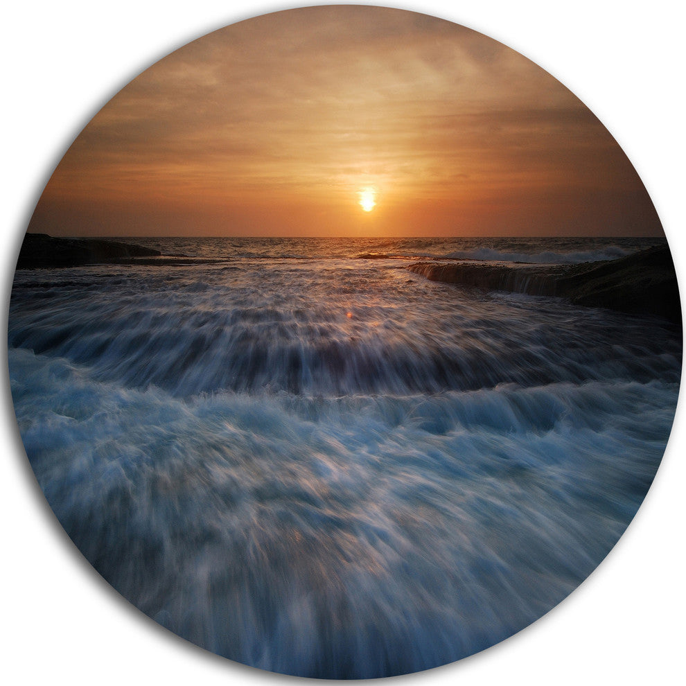 Sunrise Over Rushing White Waves, Beach Disc Metal Wall Art, 11"