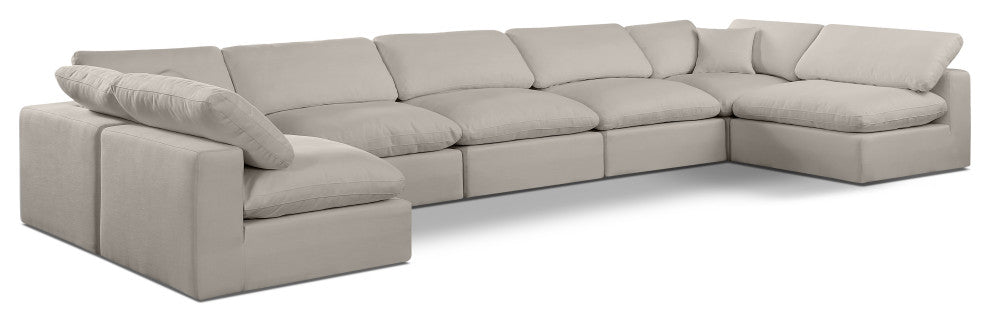 Comfy Upholstered U-Shaped Modular Sectional, Beige, 7-Piece: 5 Armless Chair, 2 Corner Chair, Linen Textured Fabric