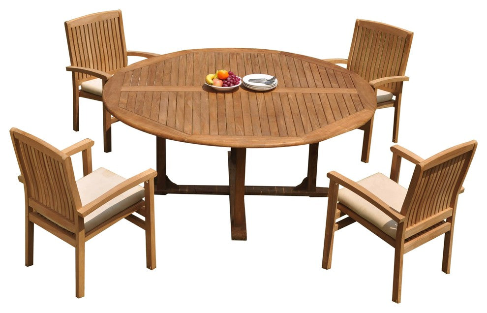 5-Piece Outdoor Teak Dining Set: 72" Round Table, 4 Wave Stacking Arm Chairs
