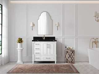 Aberdeen 36 Center Sink Bath Vanity in White 2" Calacatta Black