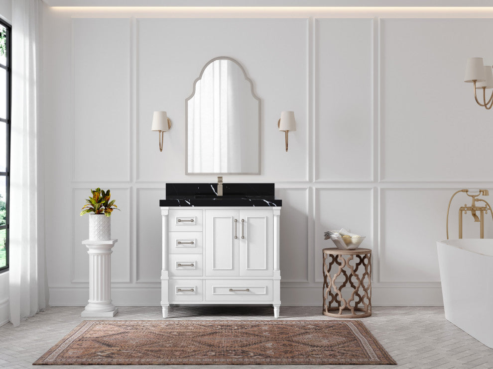 Aberdeen 36 Center Sink Bath Vanity in White 2" Calacatta Black