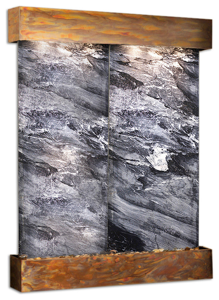 Majestic River Water Fountain, Black Spider Marble, Rustic Copper, Square Edges