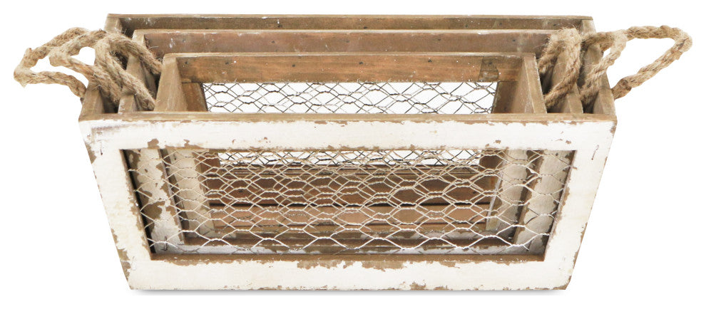 Chicken Wire Wooden Crates, Set of 3