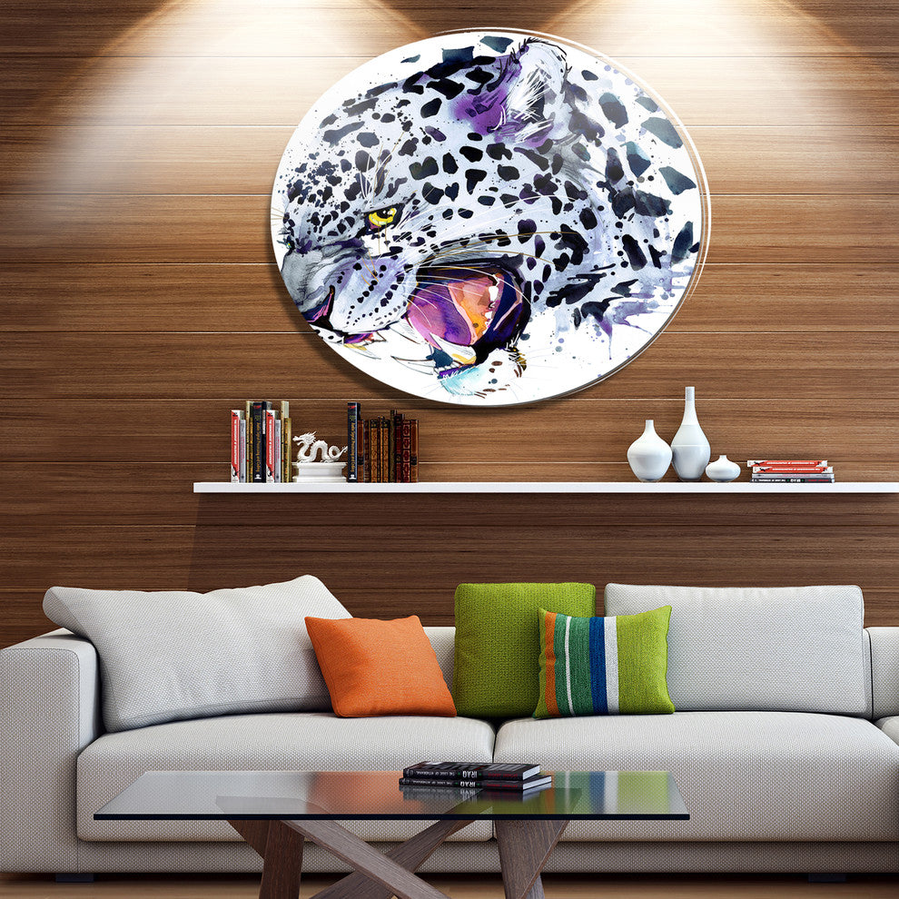 Ferocious Snow Leopard Face, Animal Disc Metal Wall Art, 36"