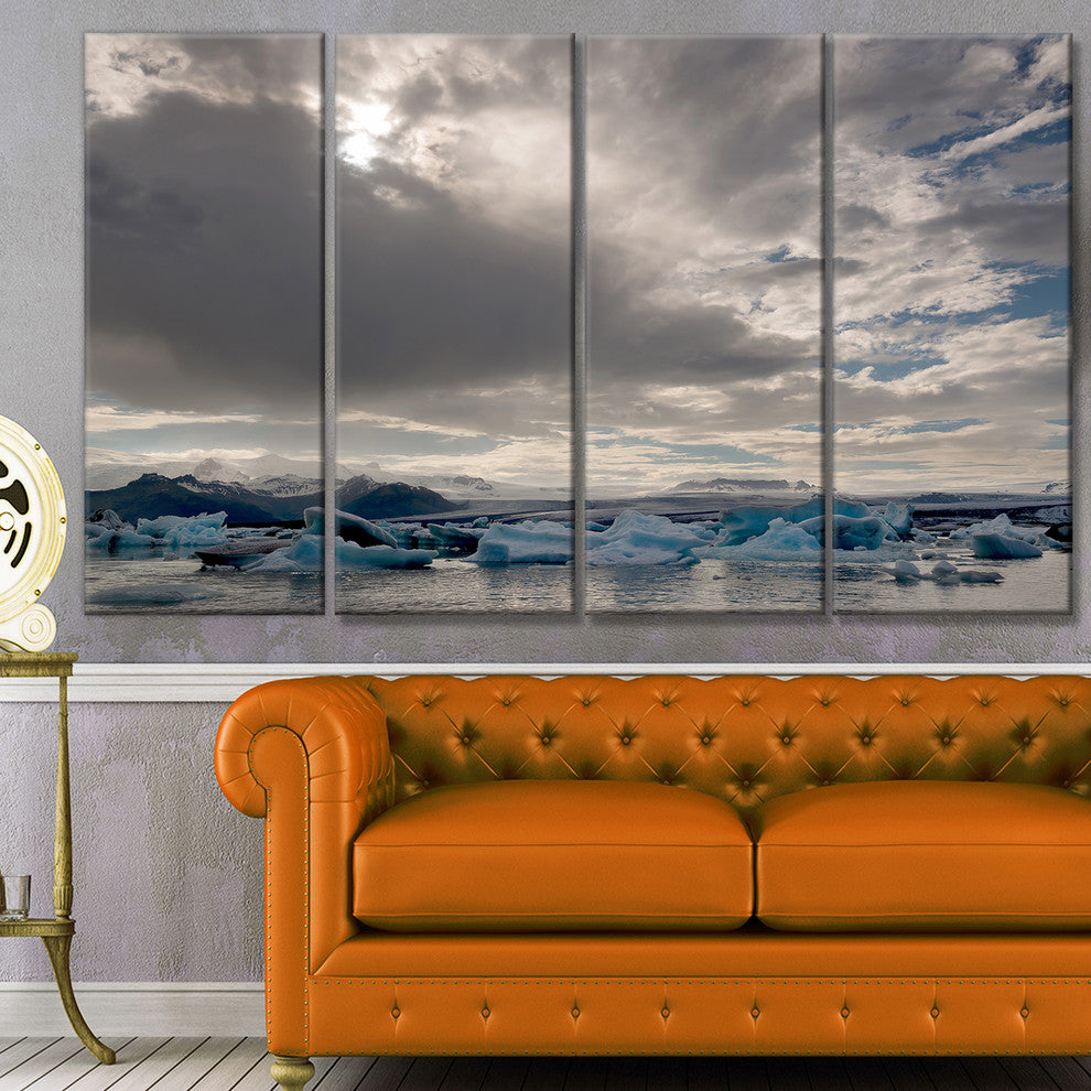 Ice of Jokulsarlon Lagoon, Landscape Canvas Art Print, 48"x28", 4 Panels