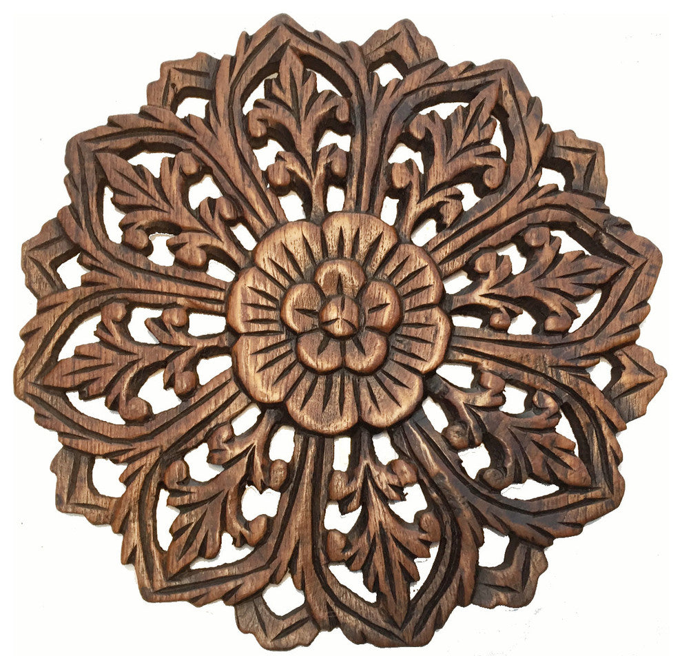 Round Teak Wood Oriental Carved Wall Plaque. Floral Relief Wood Wall Art. 12", B