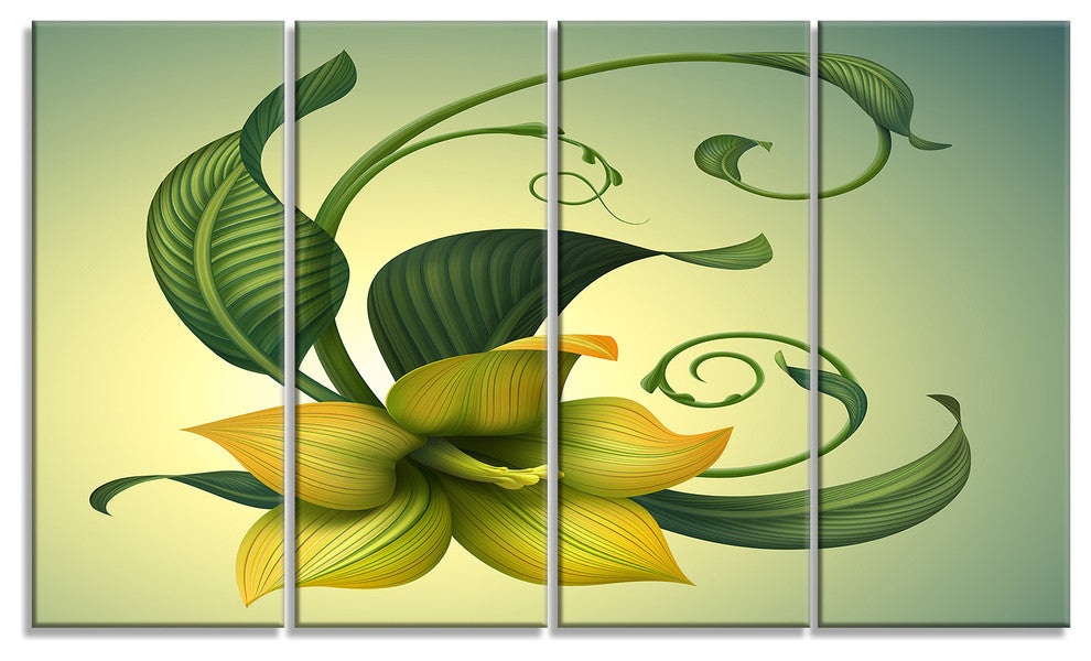 Yellow Fantasy Flower, Floral Canvas Art Print, 48"x28", 4 Panels