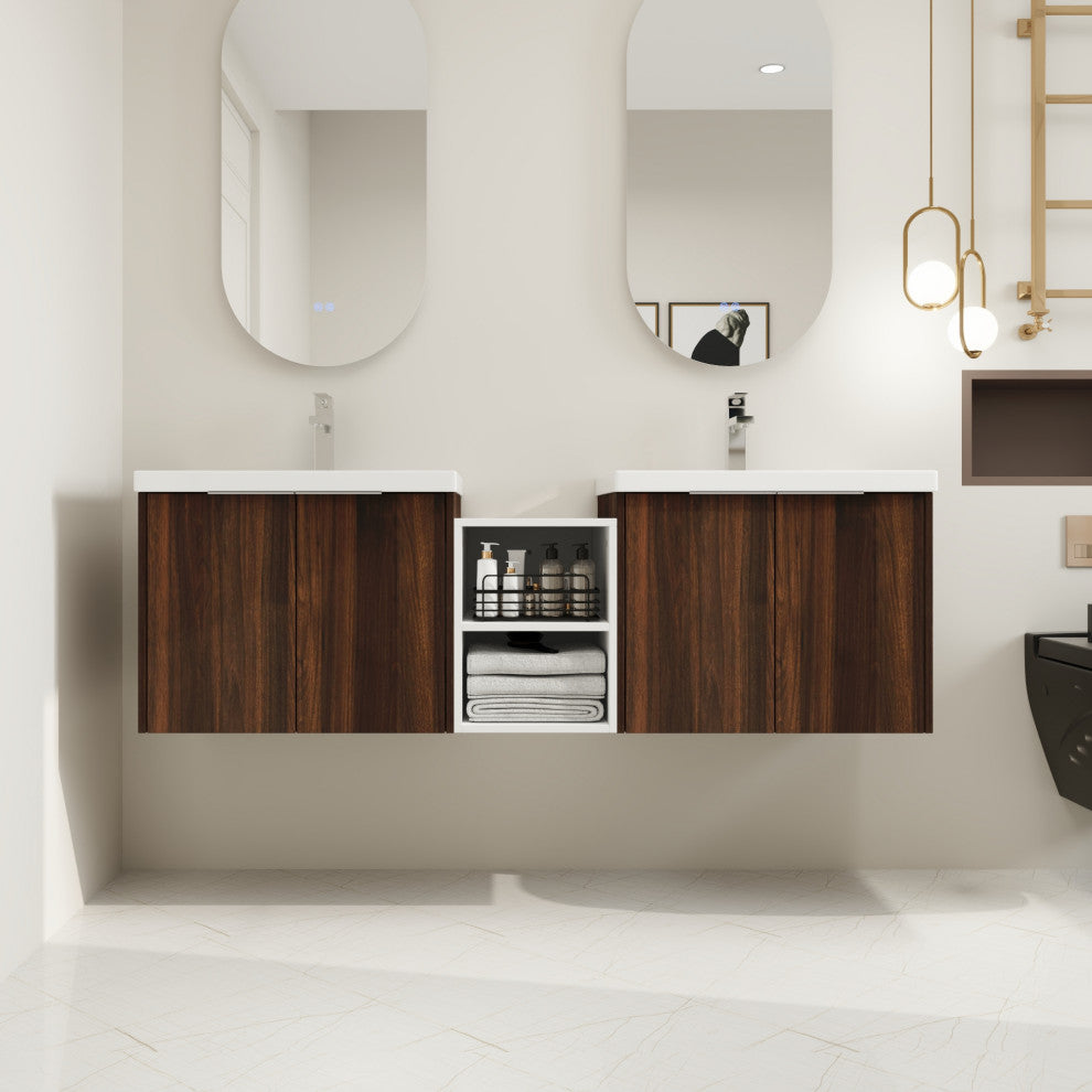 BNK Wall-Mounted Bathroom Cabinet Set with Soft-Close Doors, California Walnut, 60inch