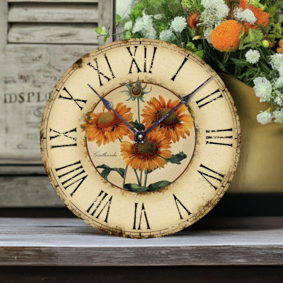 Vintage-Style French Sunflower Wall Clock, 12 Inch Diameter