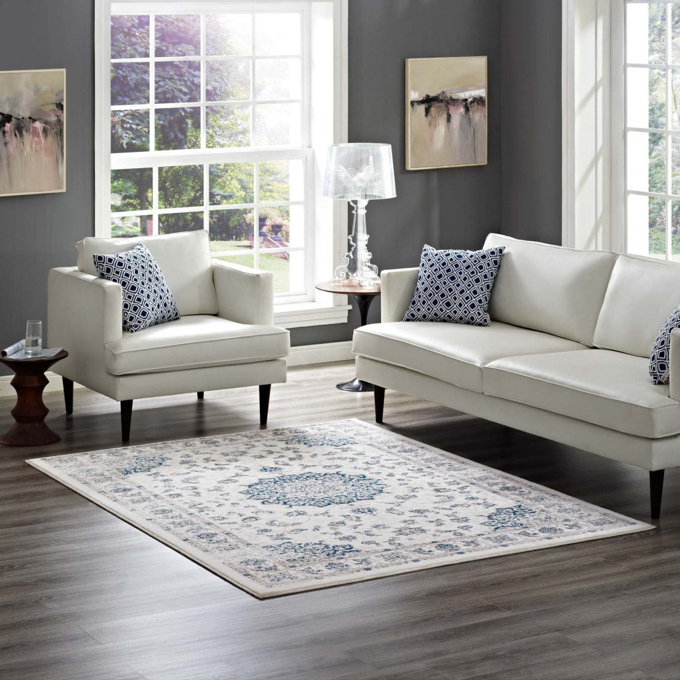 Ivory and Moroccan Blue Lilja Distressed Vintage Persian Medallion 5x8 Area Rug