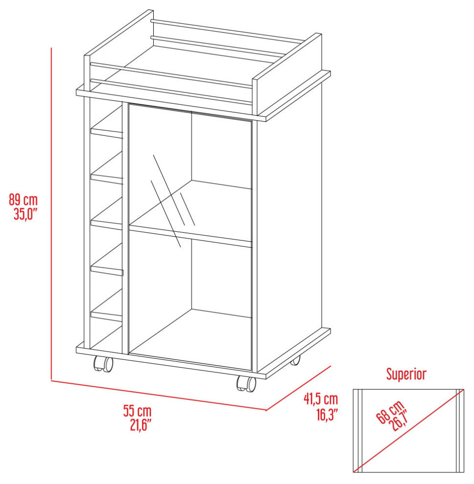 Vegas Retro Modern Two Tier Bar Cart with Glass Door & Six Liquor Cubbies, White