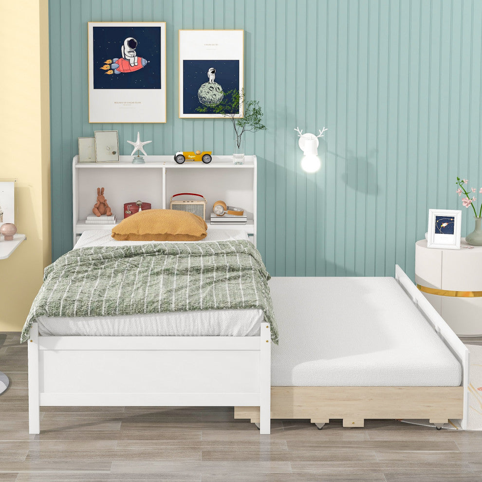 Full/Twin Wood Frame Platform Bed with Trundle and Drawers, White, Twin