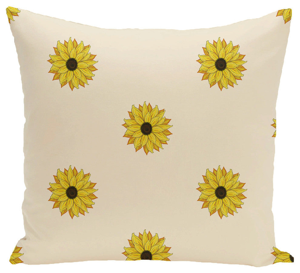 Sunflower Frenzy Flower Print Pillow, Off White, 18"x18"