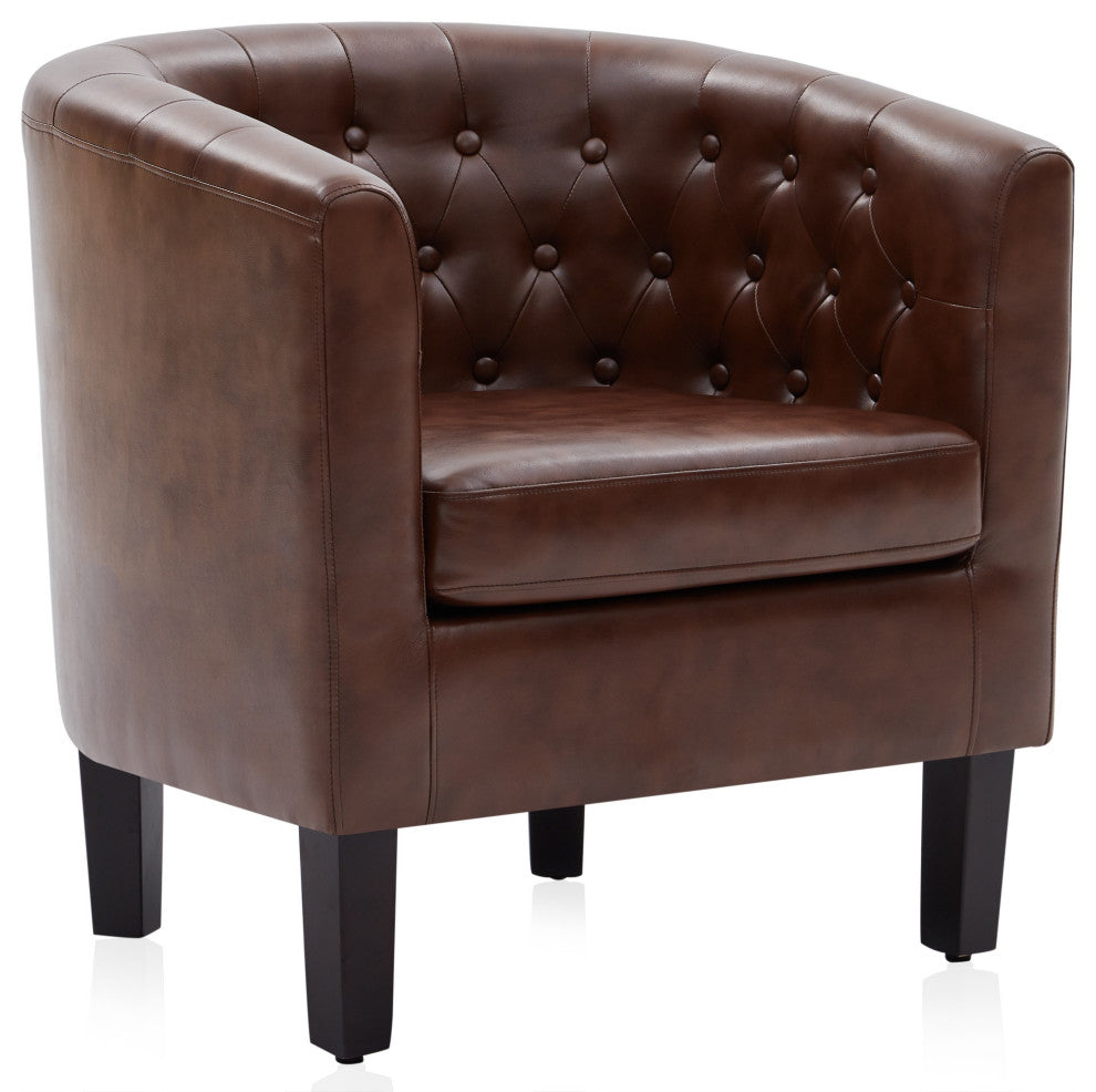 Upholstered Tufted Barrel Chair Roll Armrest Accent Chair, Caramel