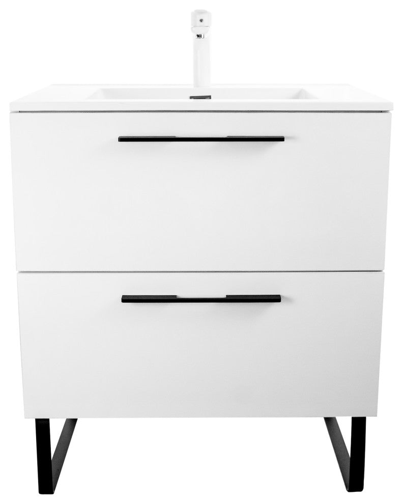 Free-Standing Single Bathroom Vanity, Acrylic Top, White High Gloss, 30"