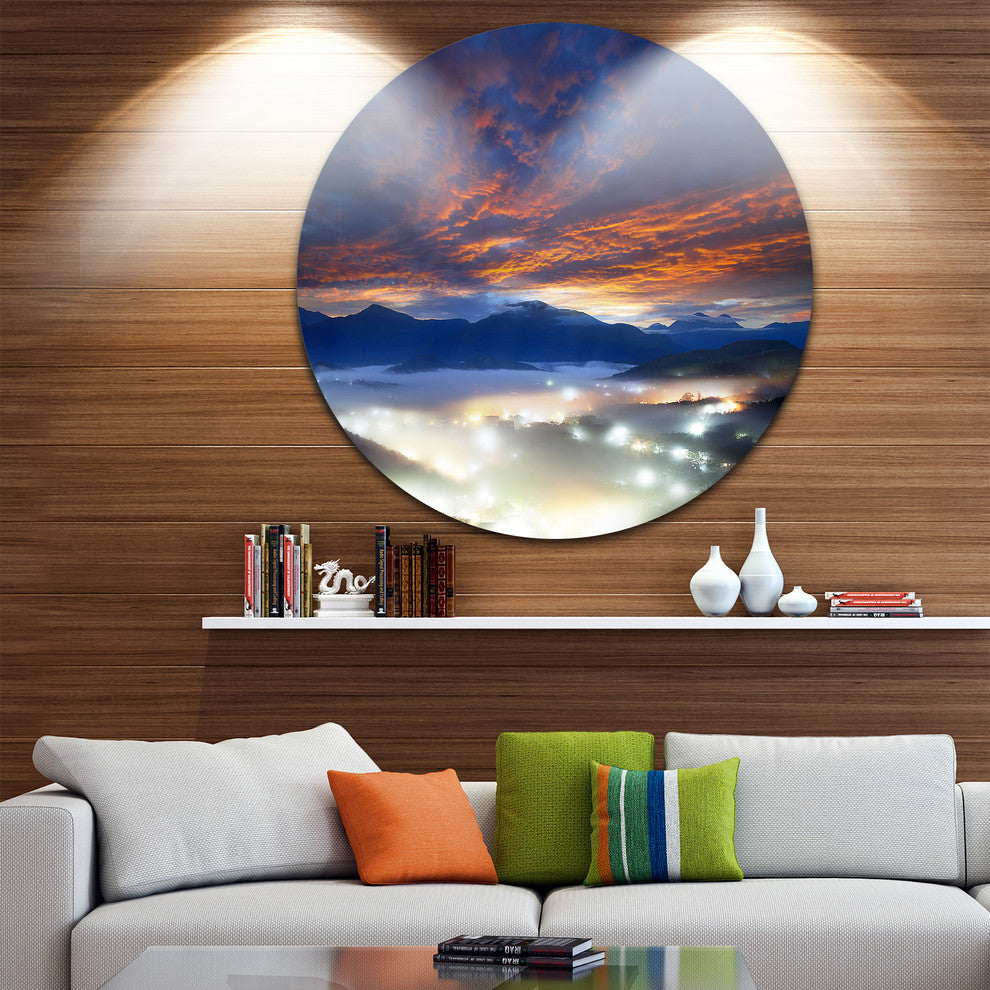 Fiery Clouds And Lit-Up Villages, Landscape Photo Round Wall Art, 11"