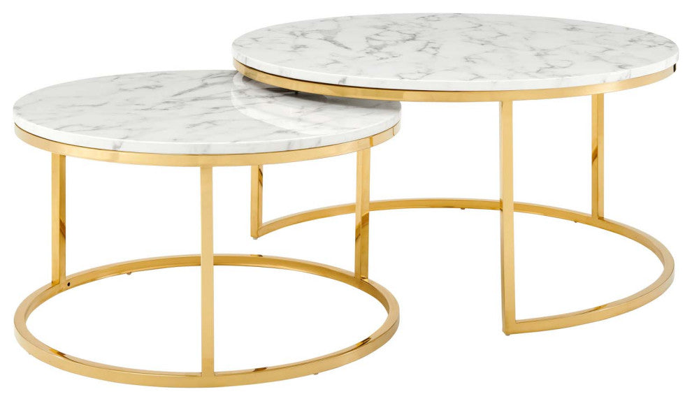 Coffee Table Nesting, Round, Artificial Marble, Metal, Gold White, Modern
