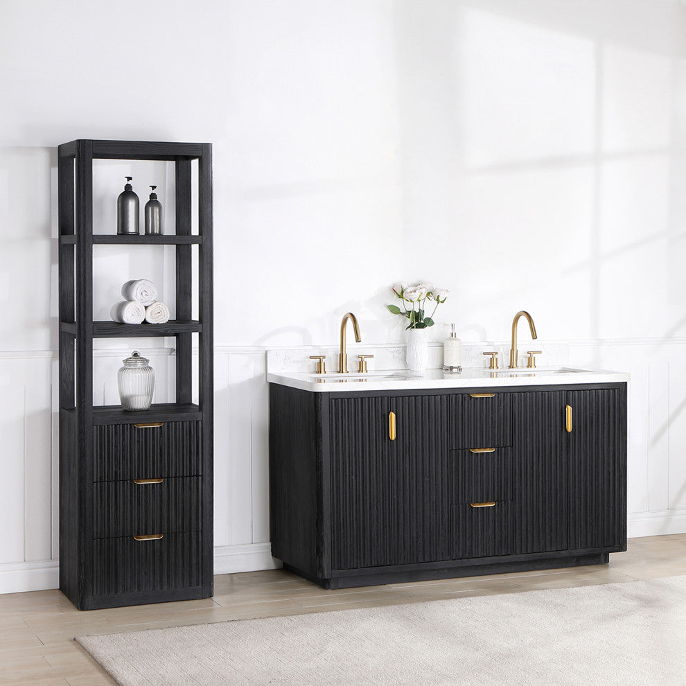 Vinnova Cadiz Bath Vanity, Composite Stone Top, Black, 60", No Mirror