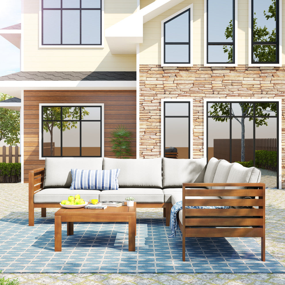 Wood Structure Outdoor Sofa Set with gray Cushions, Beige
