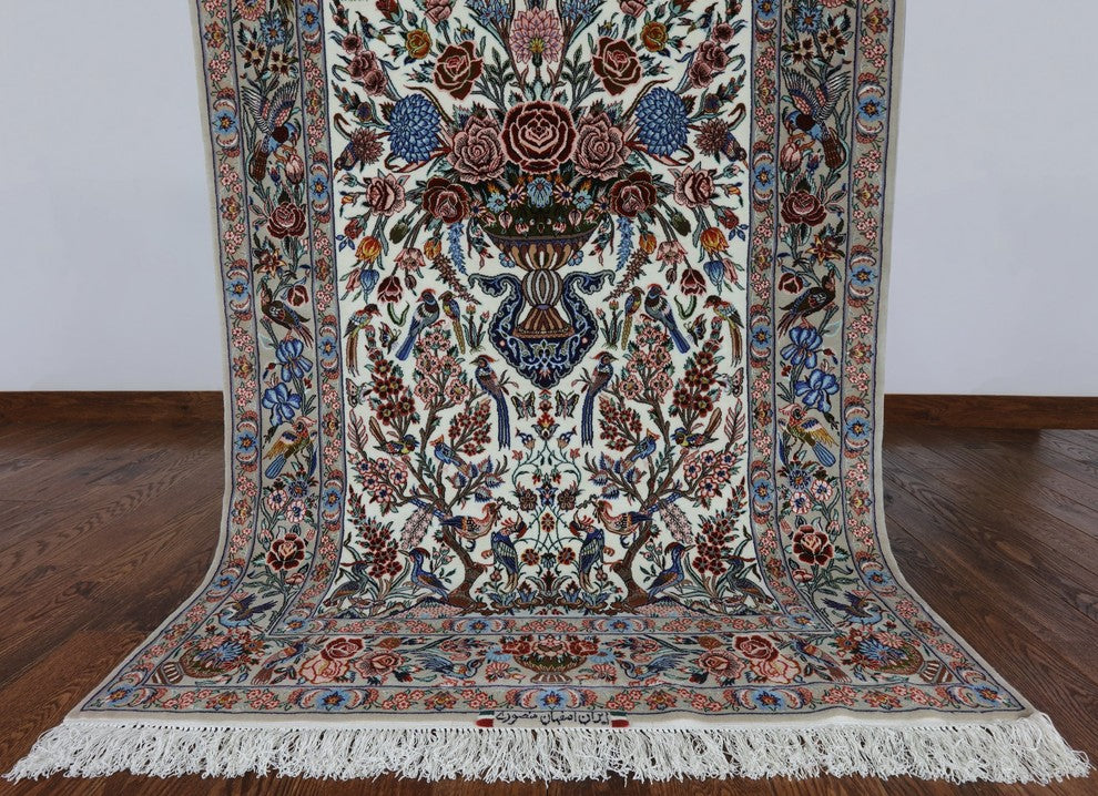 Signed Authentic Persian Isfahan Wool and Silk Rug, 4'x7'