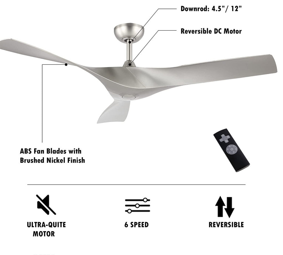 52" Reversible DC Motor Propeller Ceiling Fan With Remote Control, Brushed Nickel