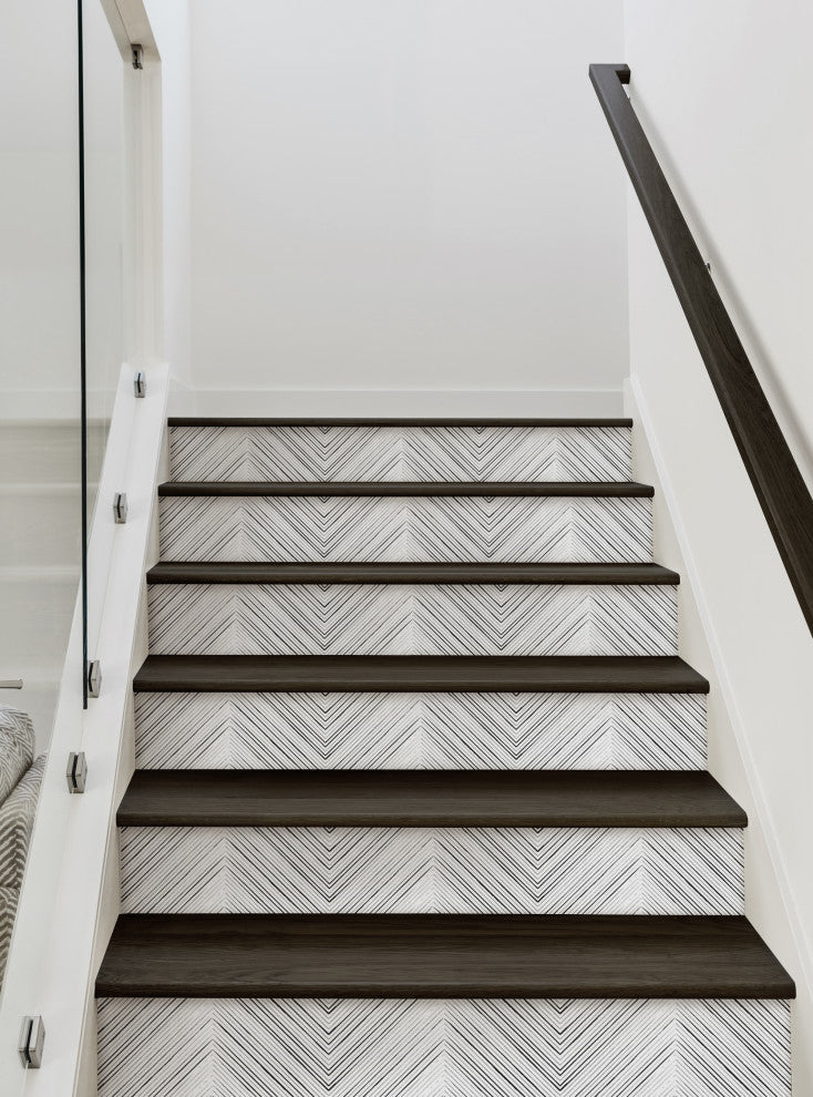 Chevron Lines Peel and Stick Stair Riser Strips, Black, 48"w X 7"h, 6 Pack