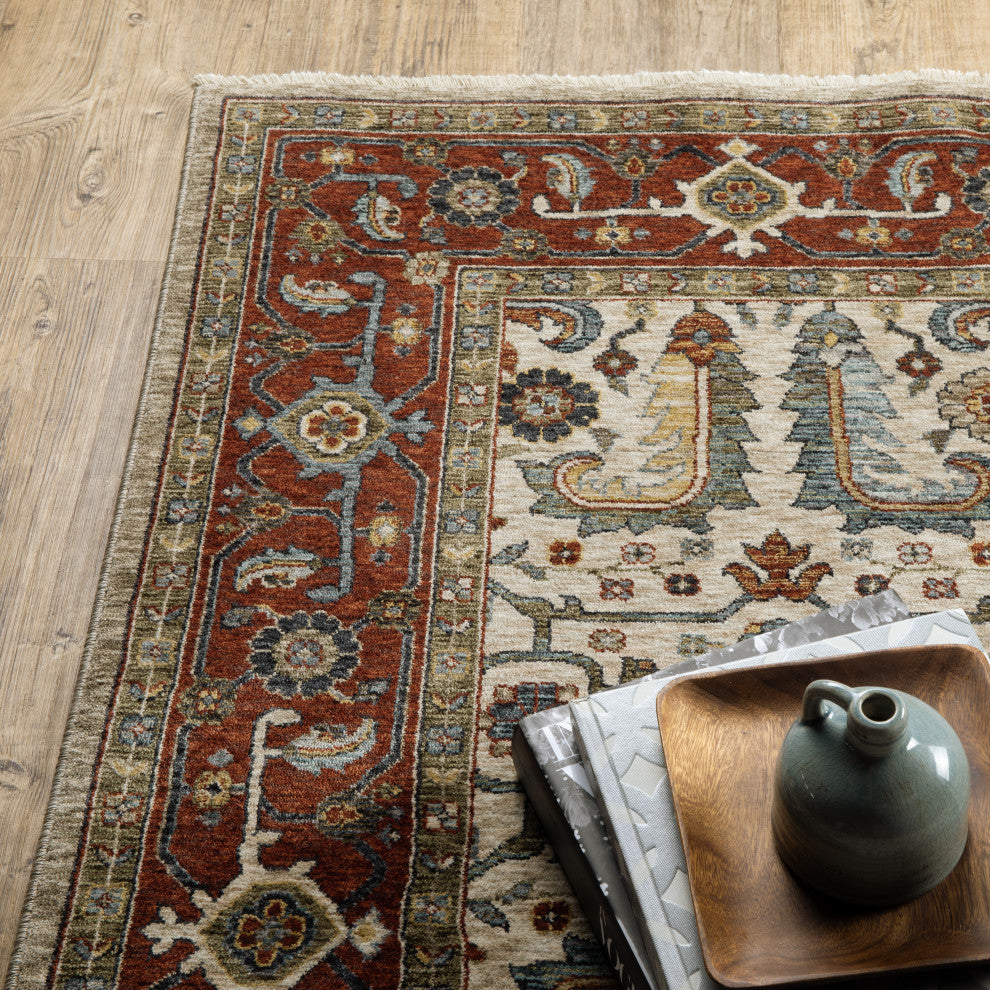 Augustus Bordered Persian Ivory/ Red Indoor Area Rug, Ivory, 2'3"x7'6"