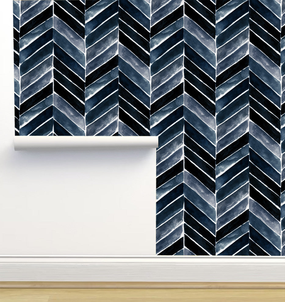 Chevron Painted Indigo Blue Wallpaper, 24"x72"