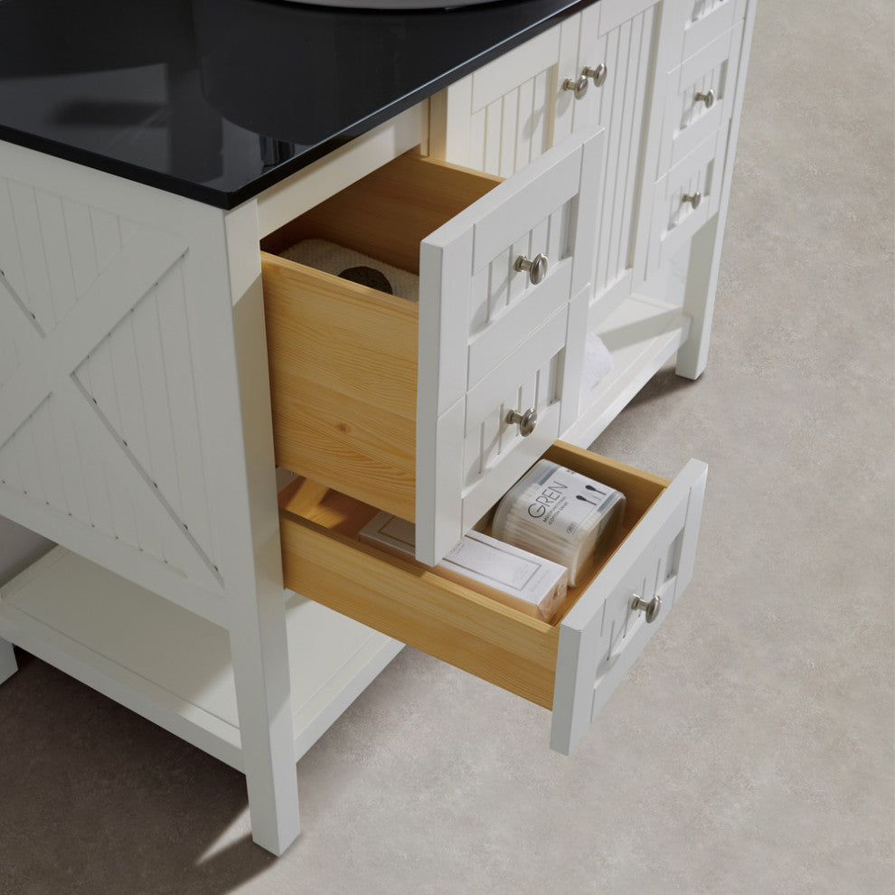 48"? Vanity in White with Glass Countertop with White Vessel Sink With Mirror